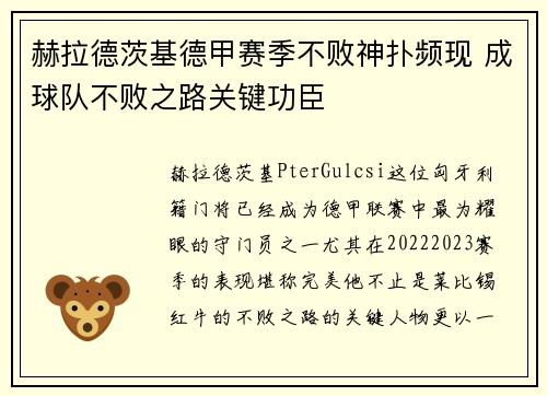 赫拉德茨基德甲赛季不败神扑频现 成球队不败之路关键功臣